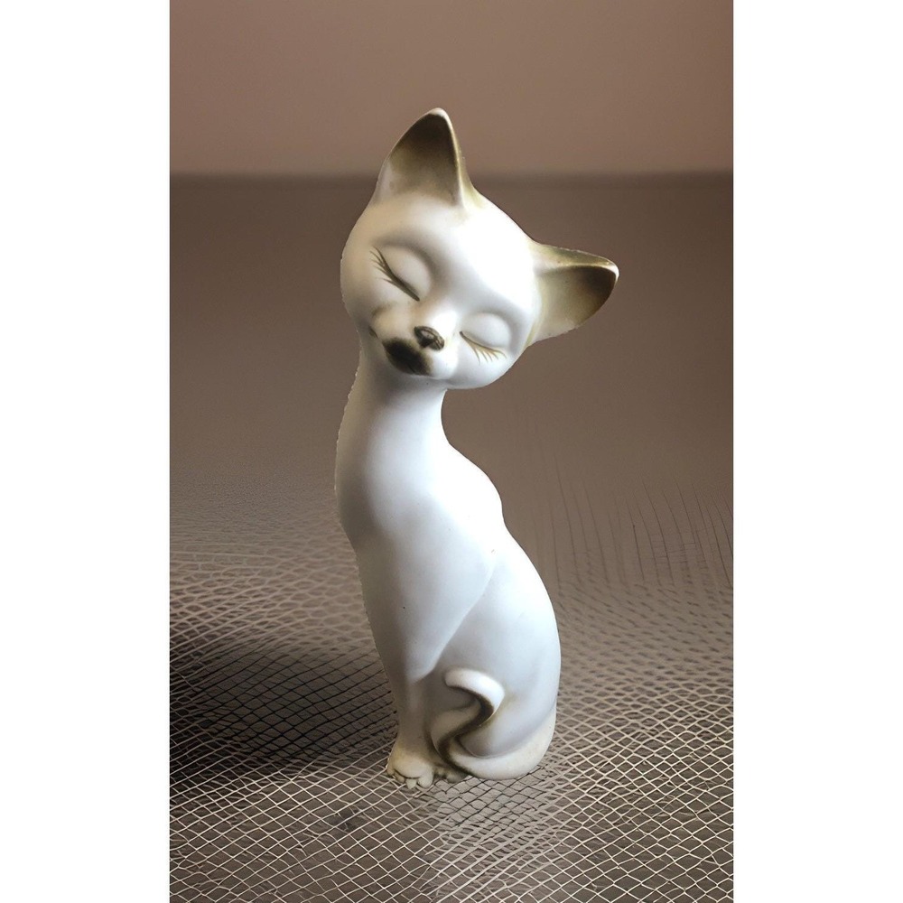 1950s Mid Century Modern Long Neck Ceramic Cat Figurine Ivory Gold 14"